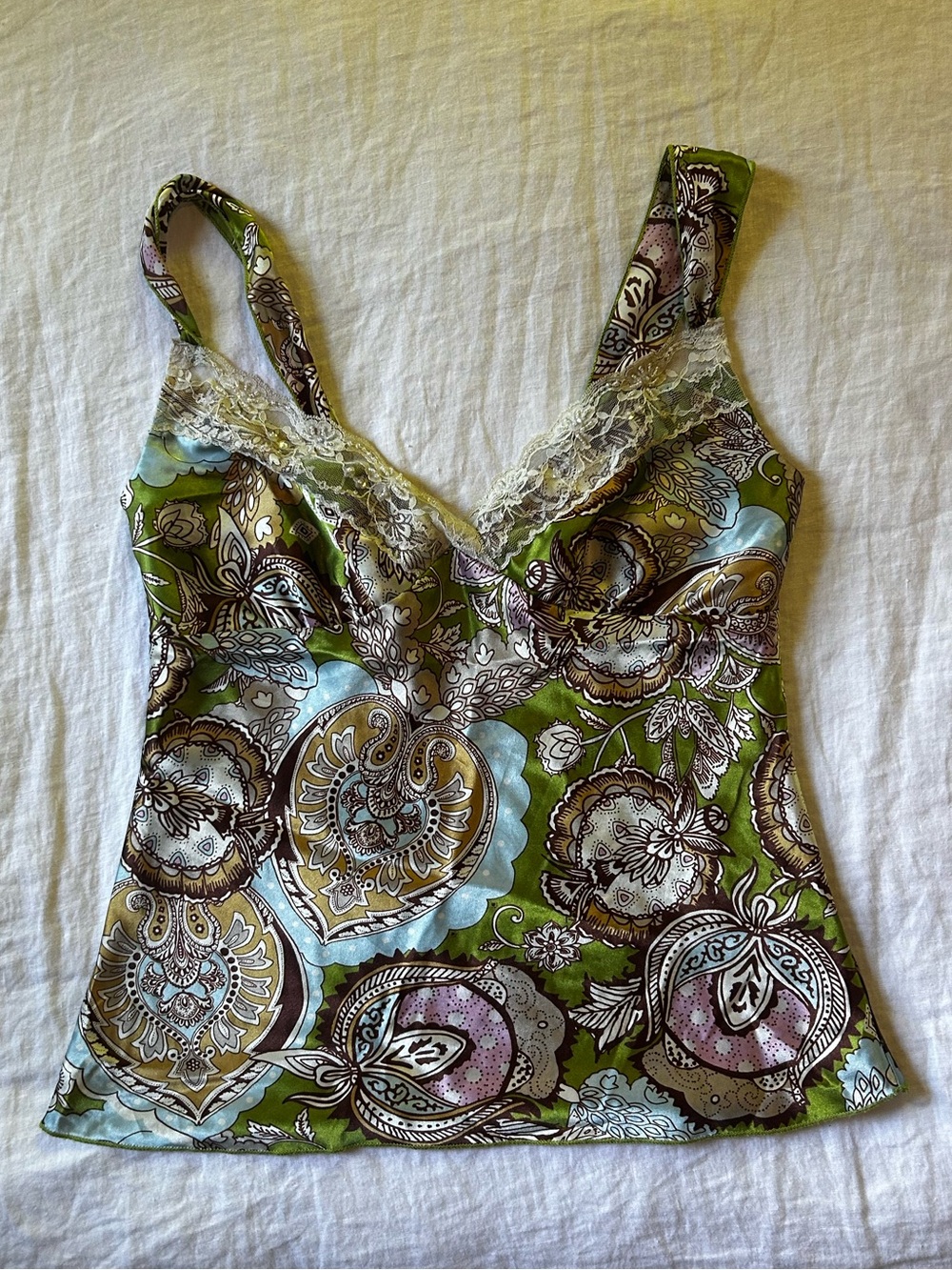 Eyeshadow Green Paisley Lace-Trim Satin Camisole